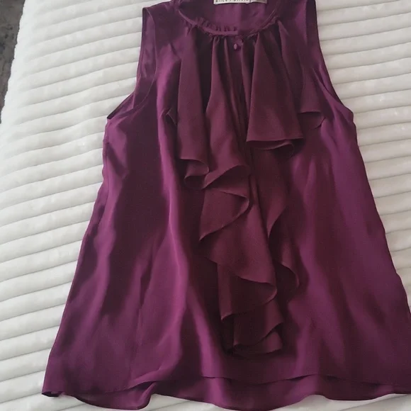 Alice+ Olivia Elisa Bitten Berry High-Neck Ruffle Blouse 100% Silk - Picture 4 of 7